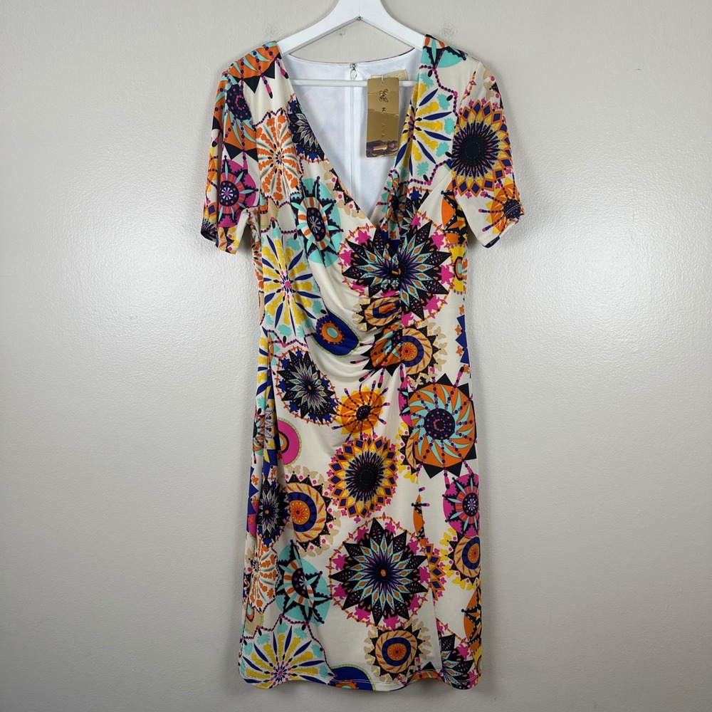 Kataya Women's 8 Sheath Dress Orange Multicolor Geometric Ruched V-Neck 1030 NEW